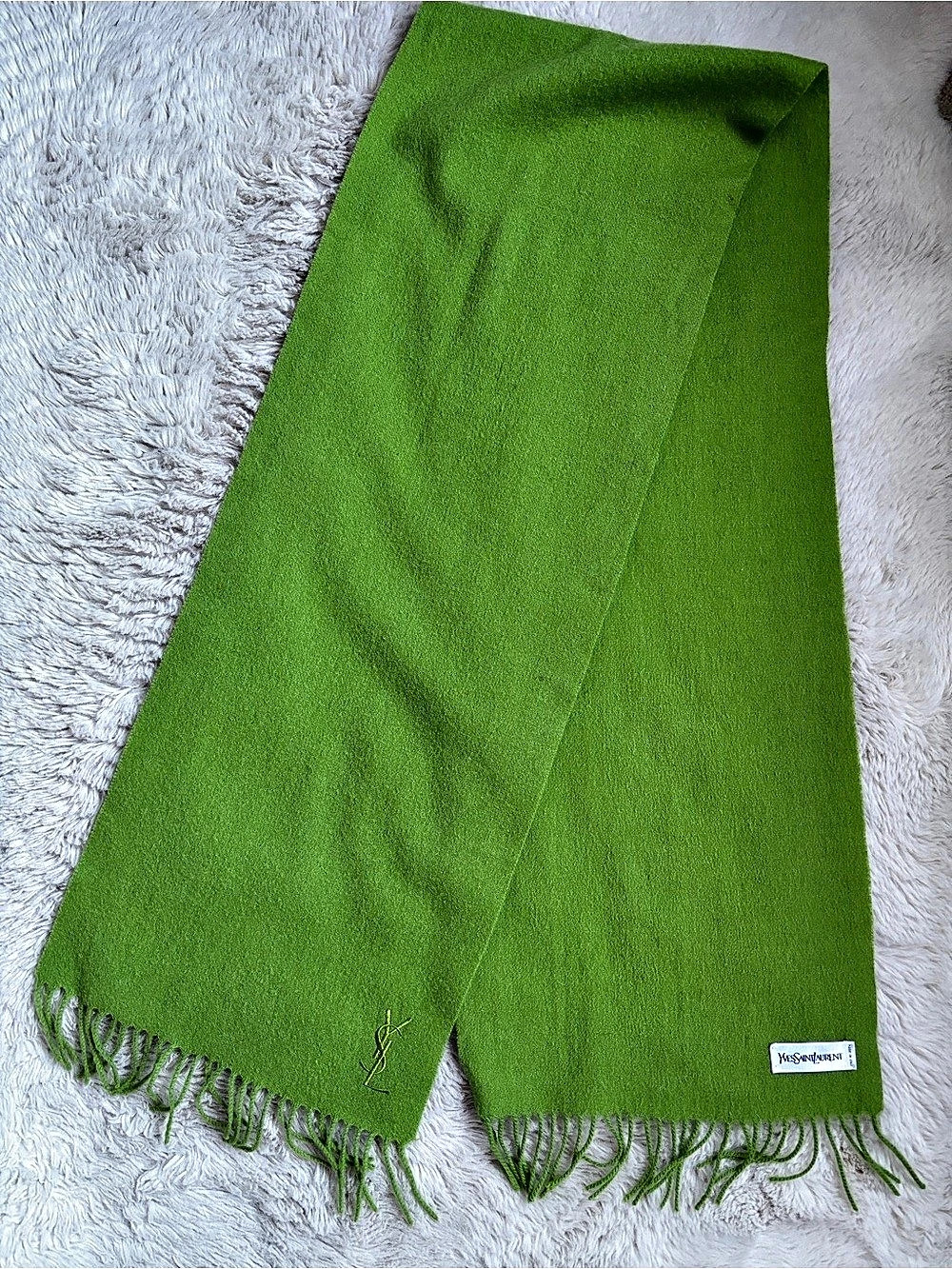Vintage Yves Saint Laurent YSL Green Fringe Scarf Embroidered Logo Made in Italy